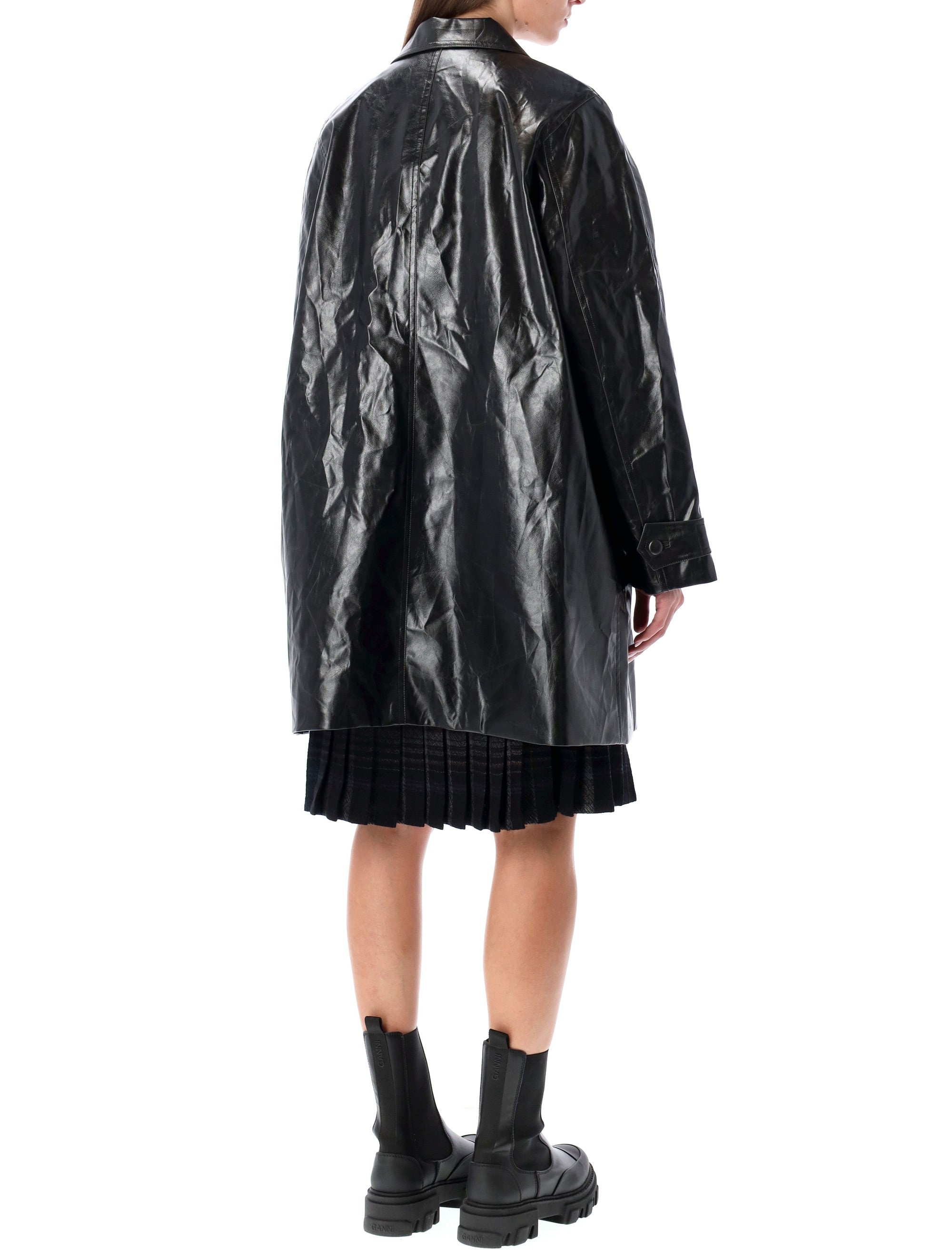 Low Classic Oversized Black Faux Leather Coat Synthetic Jacket