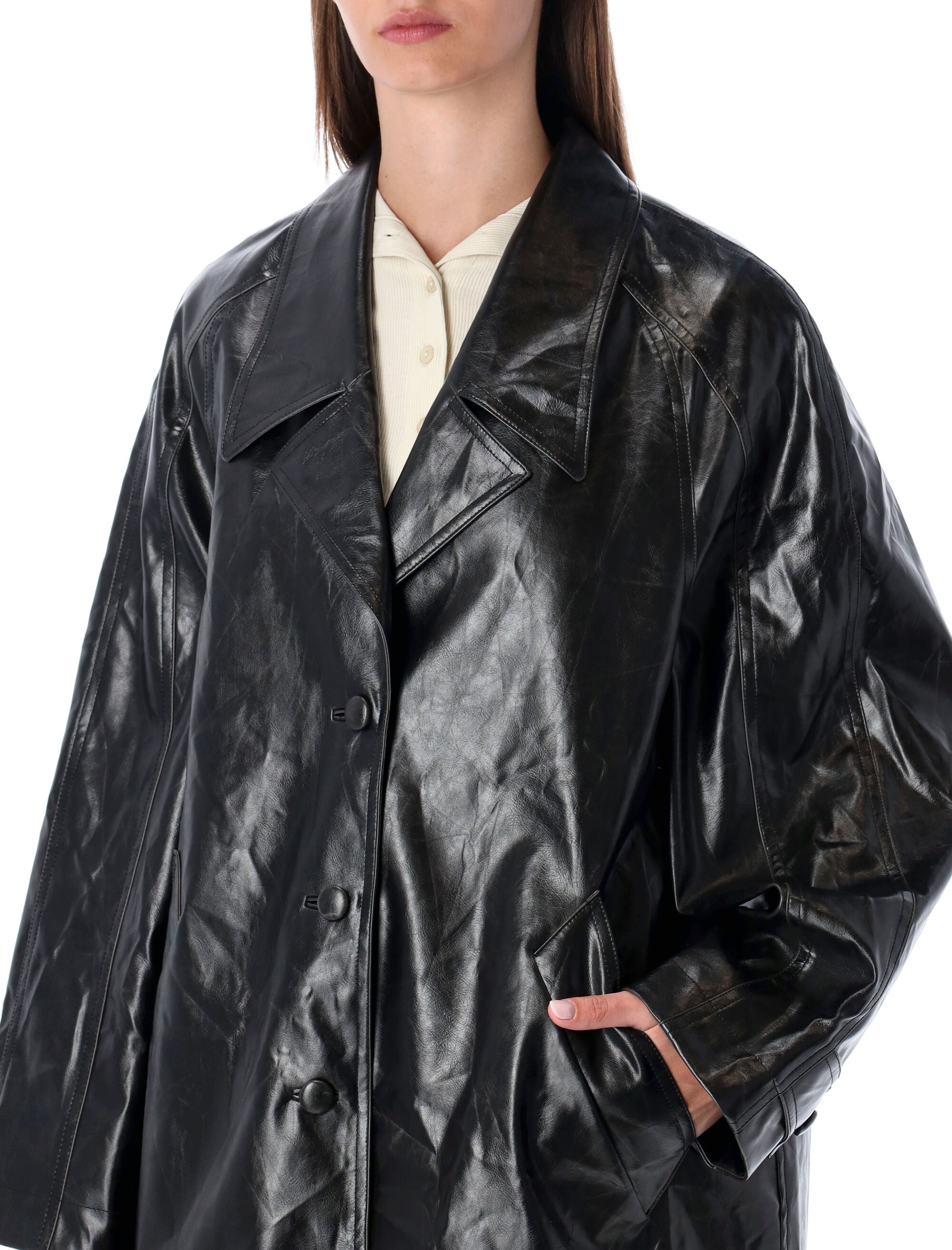 Low Classic Oversized Black Faux Leather Coat Synthetic Jacket