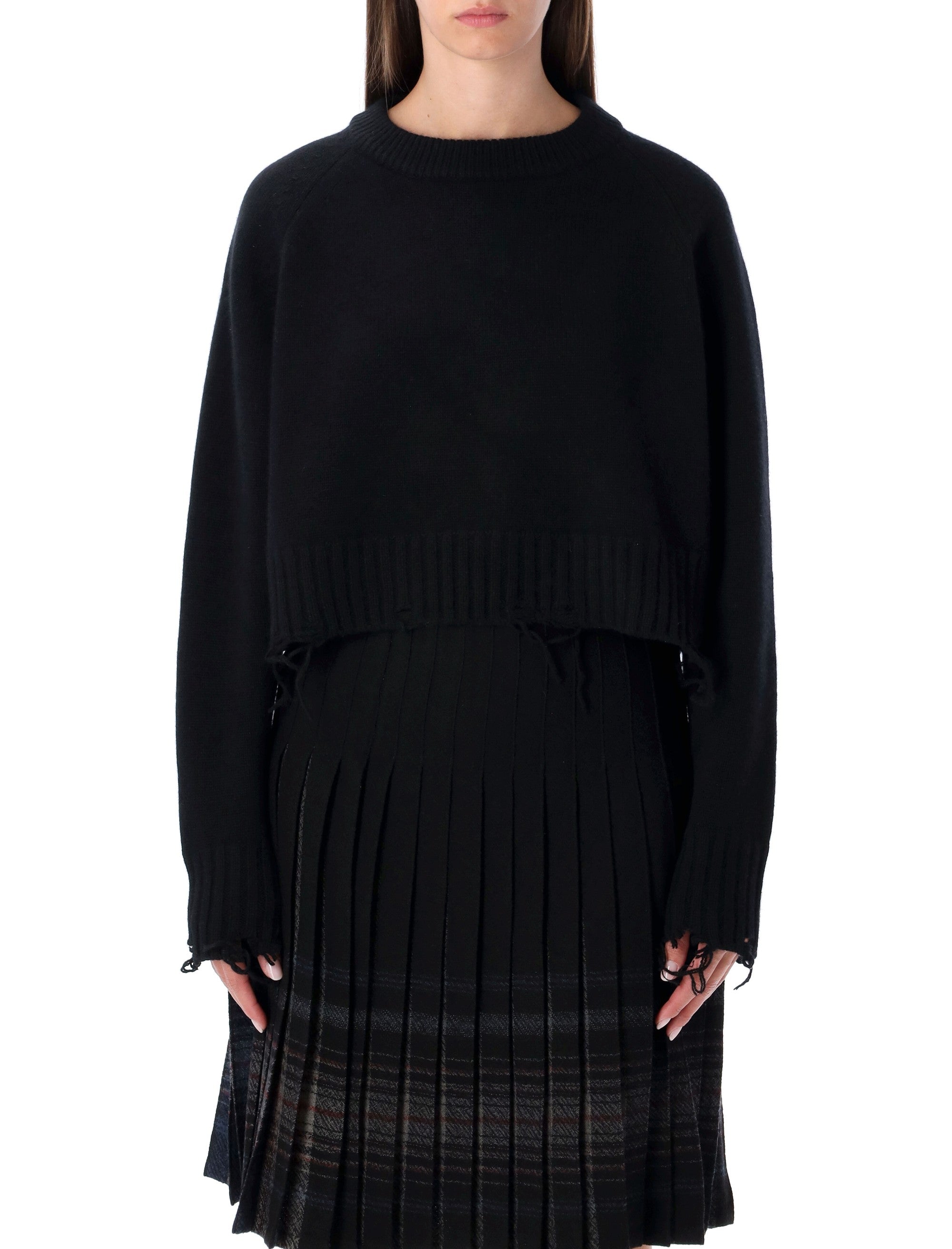 LOW CLASSIC Damaged Wool Blend Cropped Pullover Black Sweater
