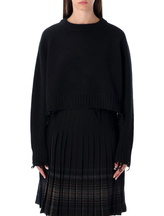 LOW CLASSIC Damaged Wool Blend Cropped Pullover Black Sweater