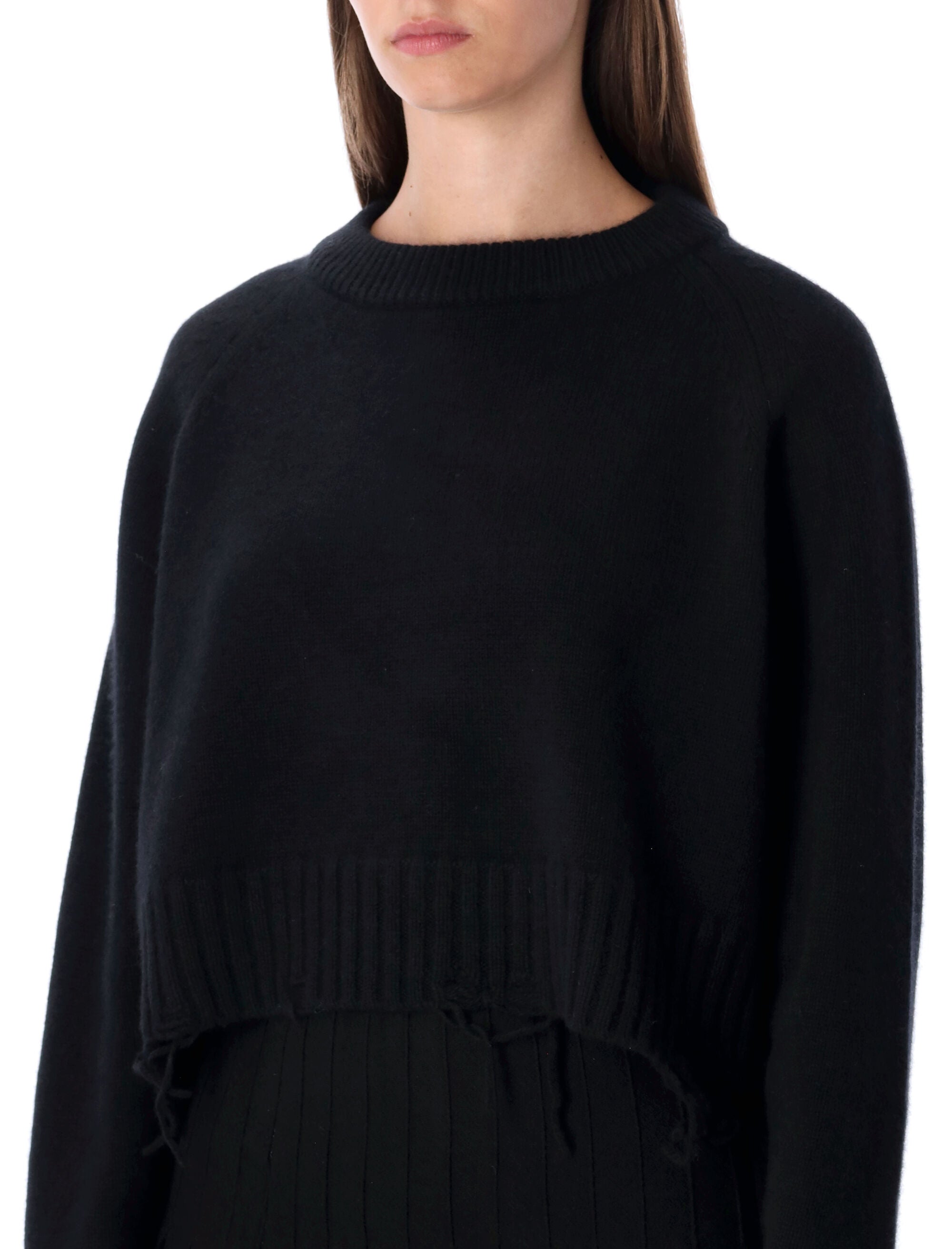 LOW CLASSIC Damaged Wool Blend Cropped Pullover Black Sweater