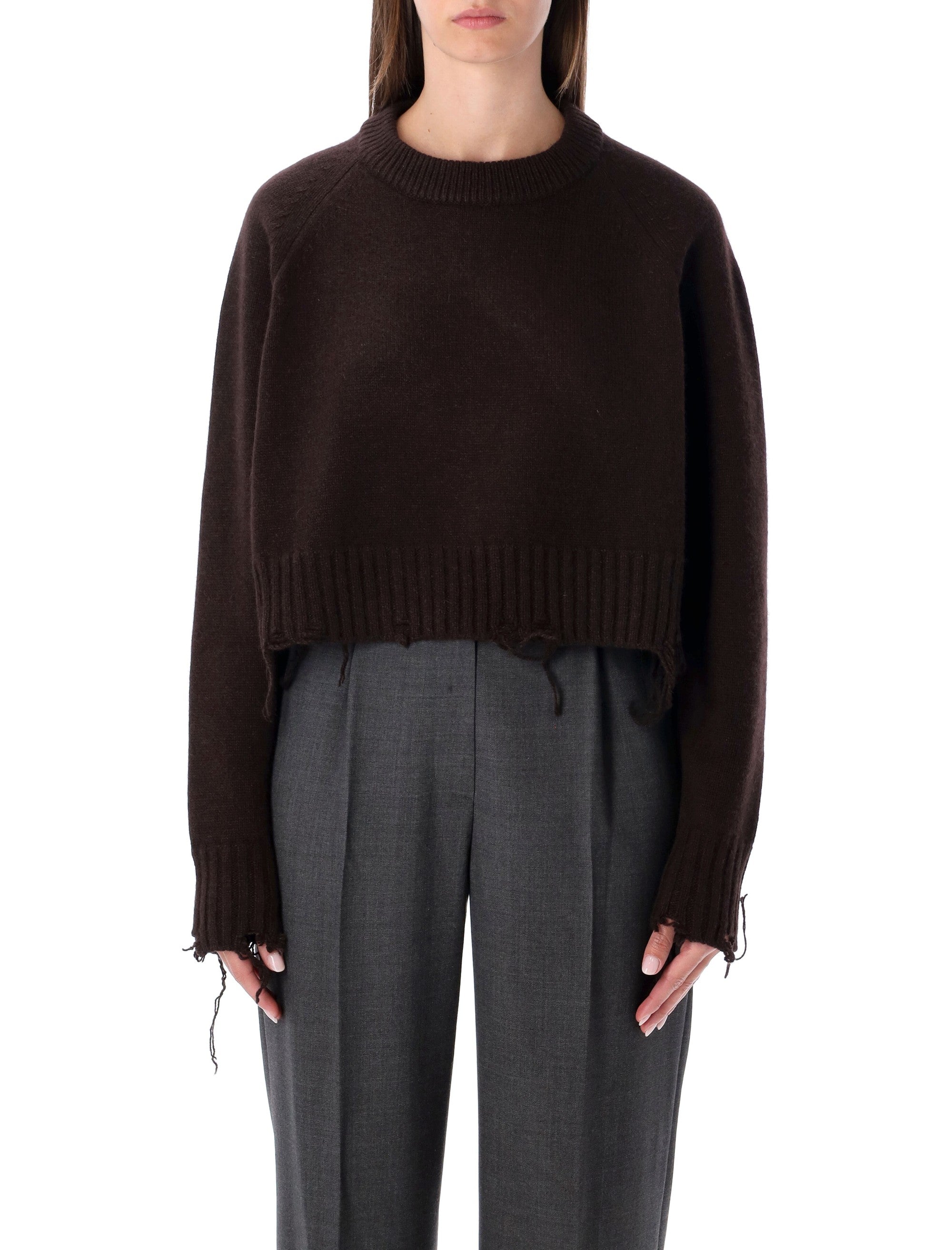 LOW CLASSIC Damaged Wool Blend Cropped Pullover Brown Sweater