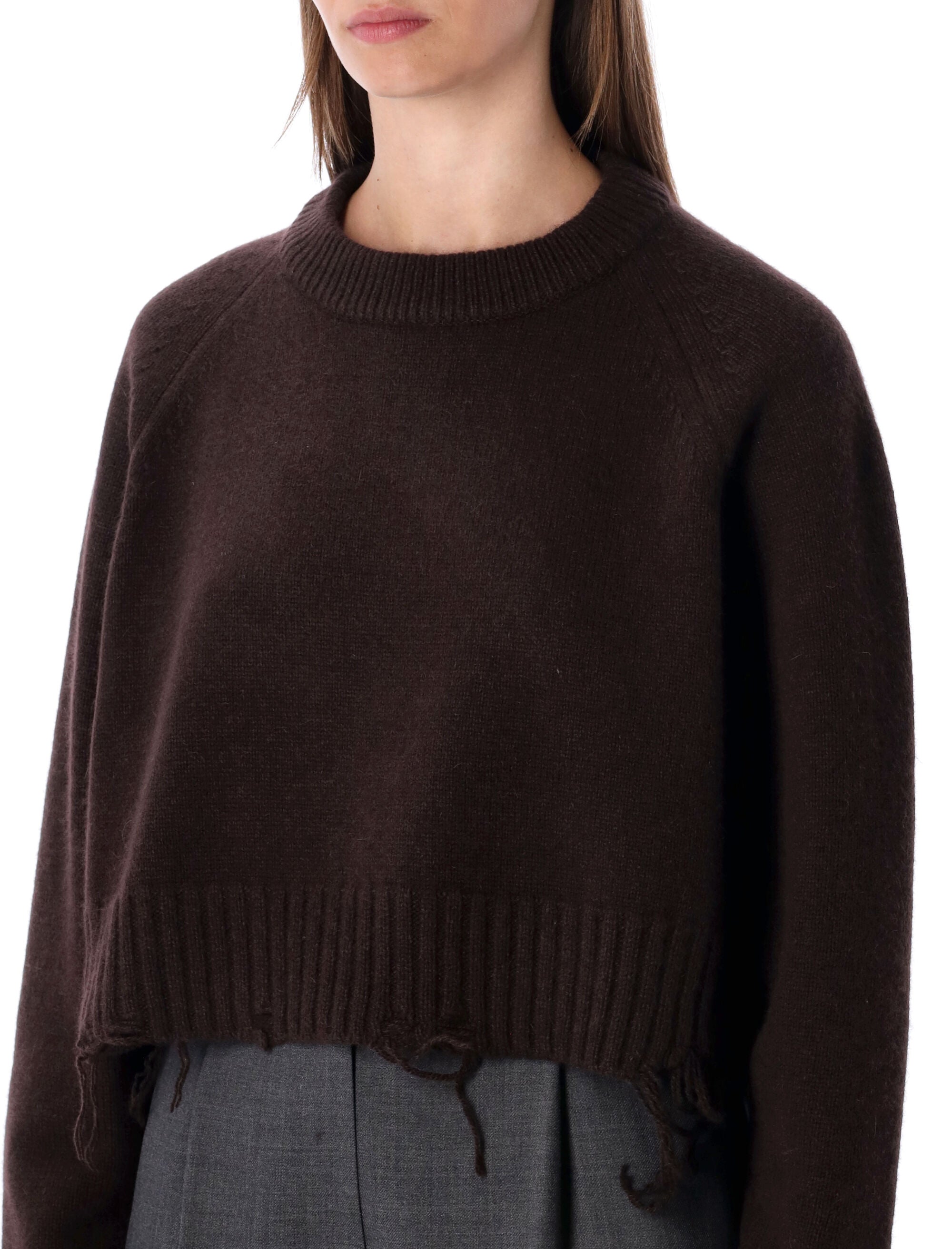 LOW CLASSIC Damaged Wool Blend Cropped Pullover Brown Sweater