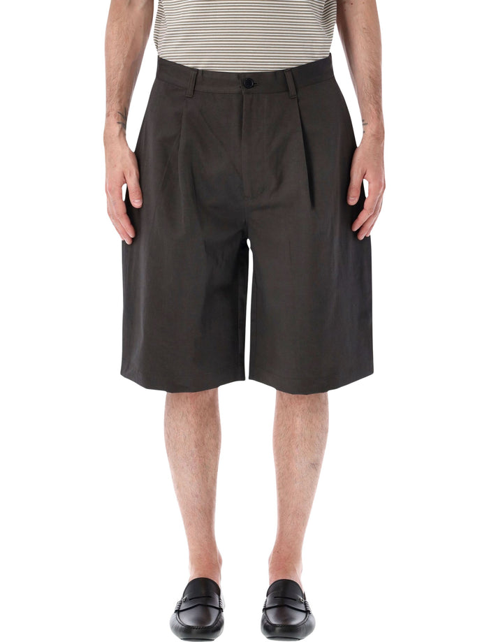 Still By Hand Oversized Pleated Shorts Charcoal Cotton