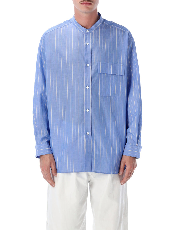 Still By Hand Band Collar Shirt Blu Stripe Cotton