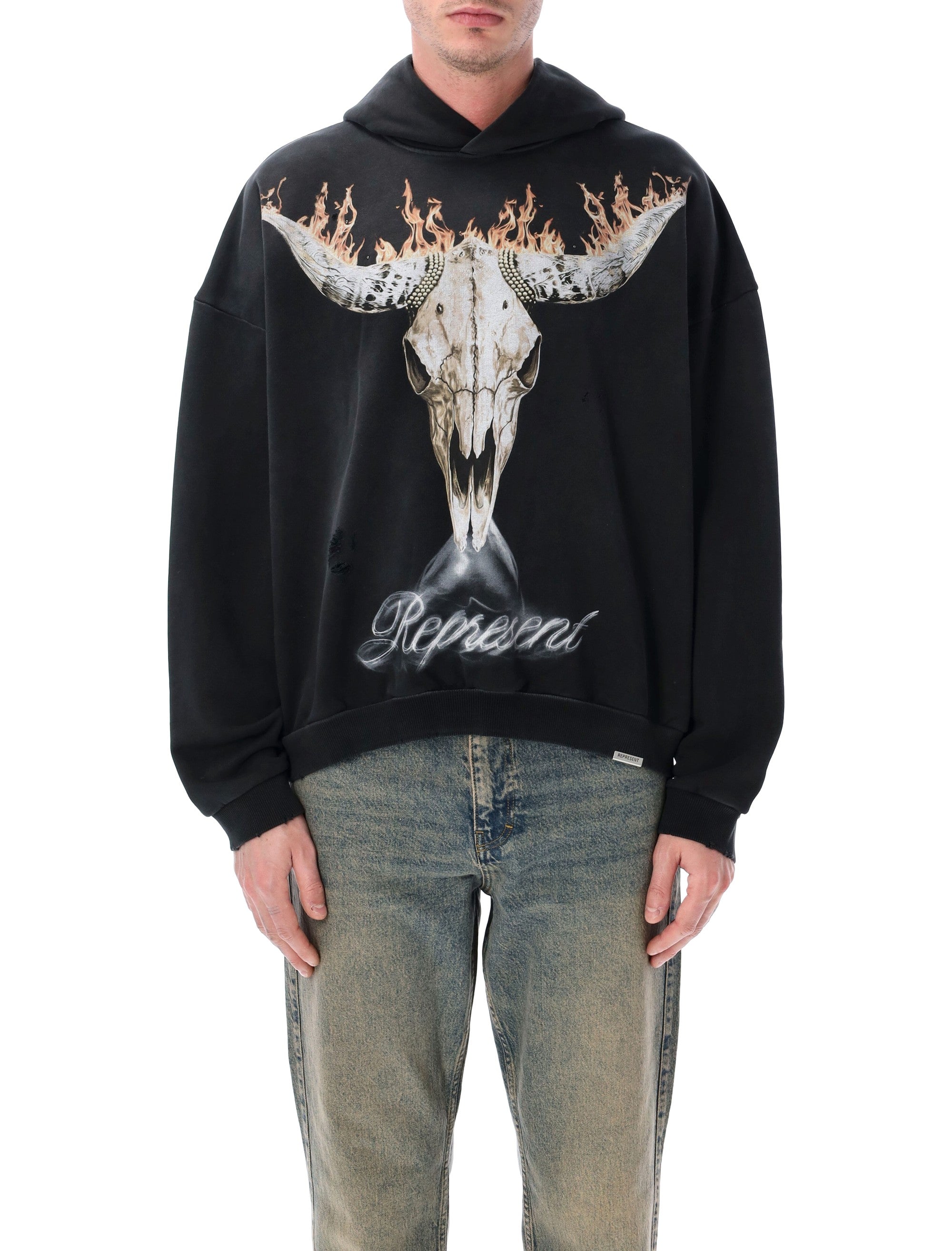 Represent British Cowboy hoodie Stained Black Cotton Rib Sweatshirt