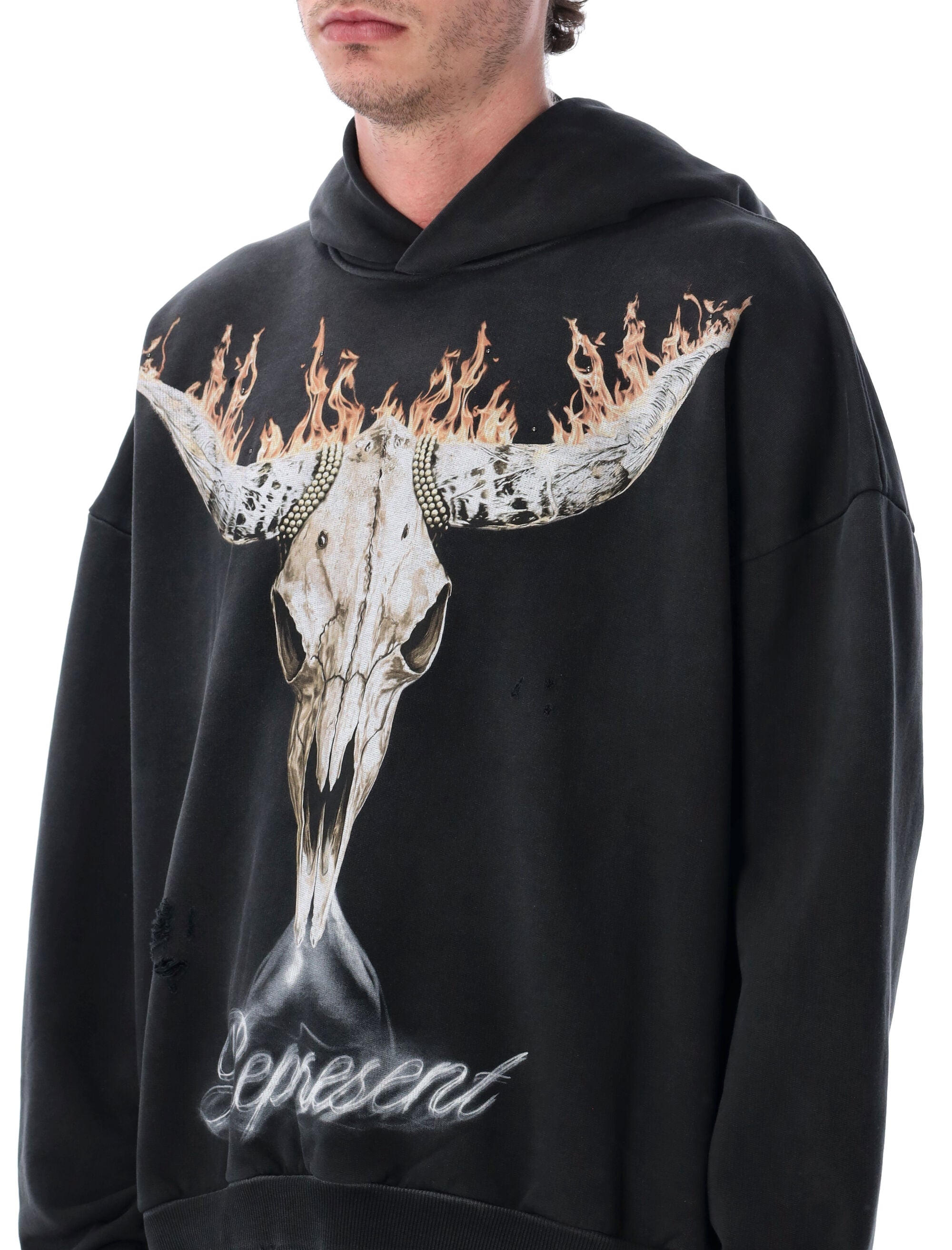 Represent British Cowboy hoodie Stained Black Cotton Rib Sweatshirt