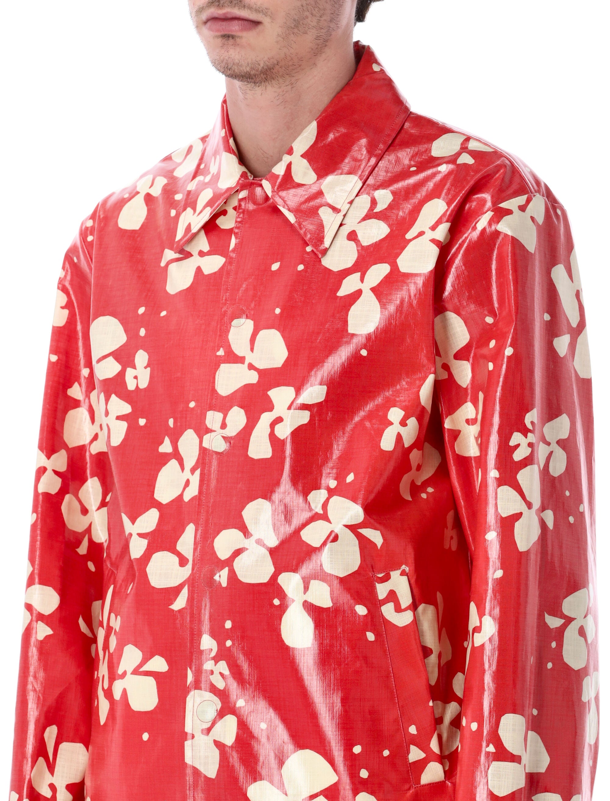 Dries Van Noten printed coated cotton shirt jacket Red