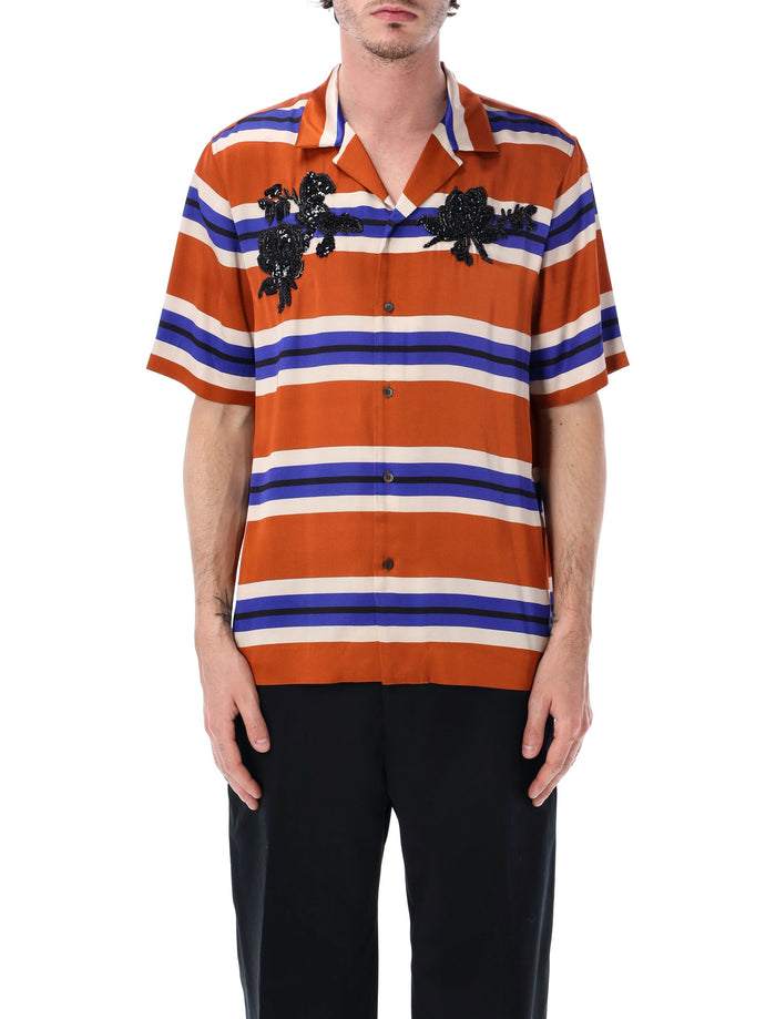 Dries Van Noten Striped Floral Embroidery Shirt Orange Viscose