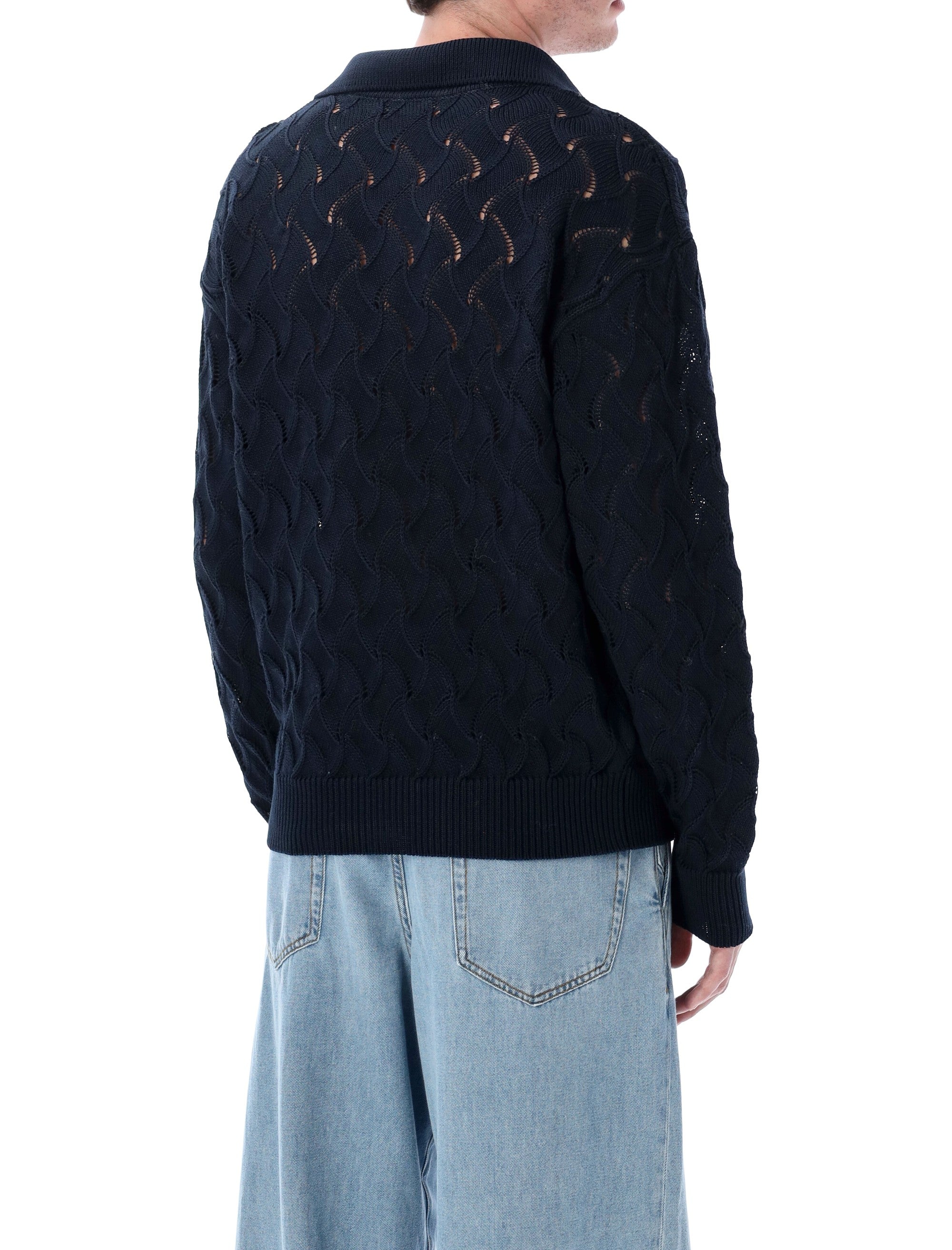 Dries Van Noten lace stitch polo sweater Navy Cotton