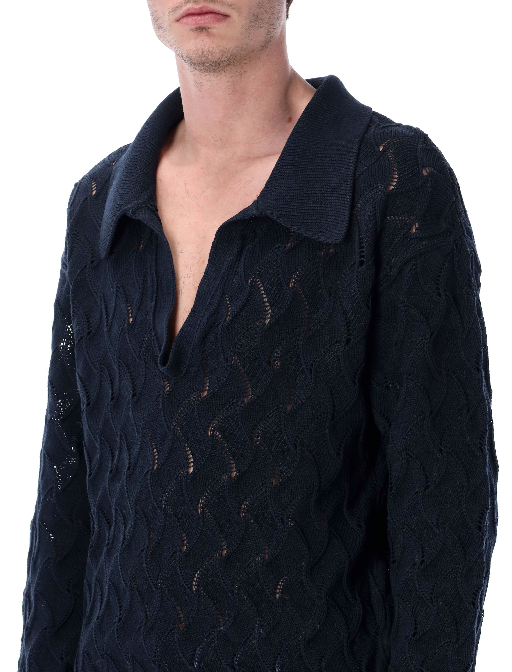 Dries Van Noten lace stitch polo sweater Navy Cotton