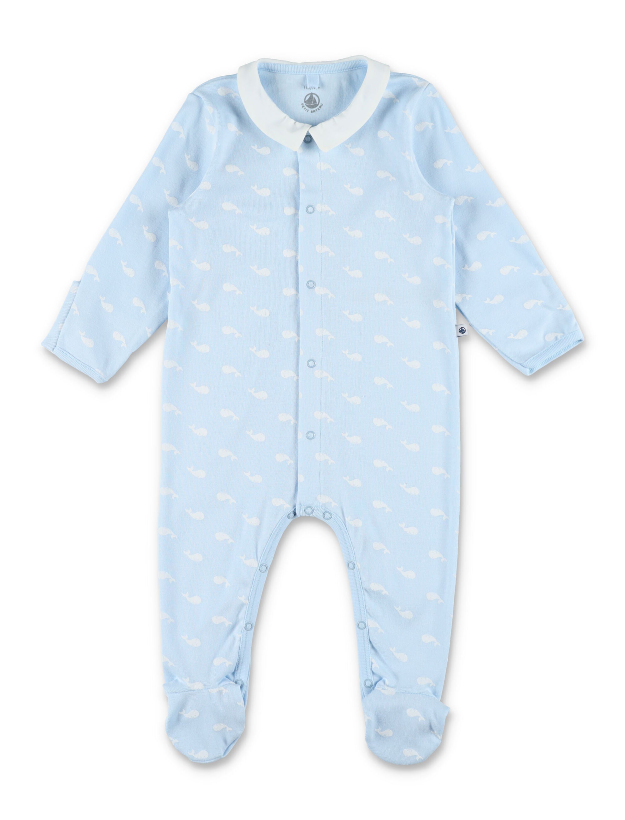 Petit Bateau Whale Print Cotton Baby Pyjama Light Blue Jumpsuit