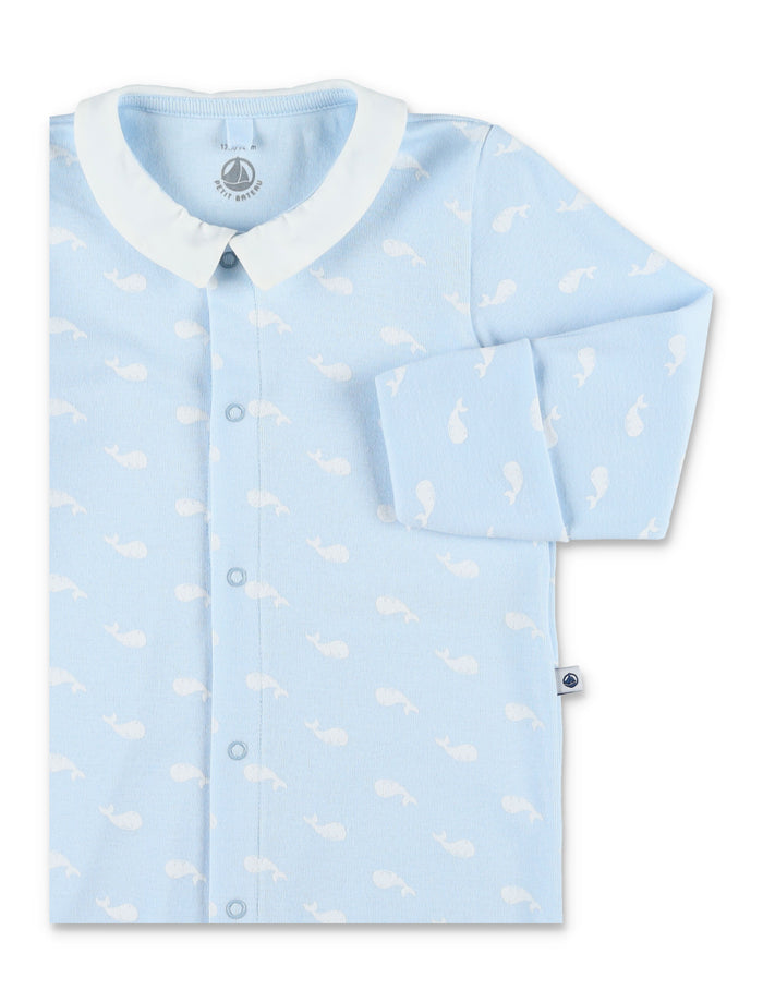 Petit Bateau Whale Print Cotton Baby Pyjama Light Blue Jumpsuit