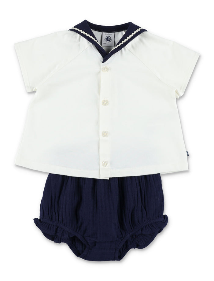 Petit Bateau Babies 2-Piece Cotton Set With Sailor Collar White Blue