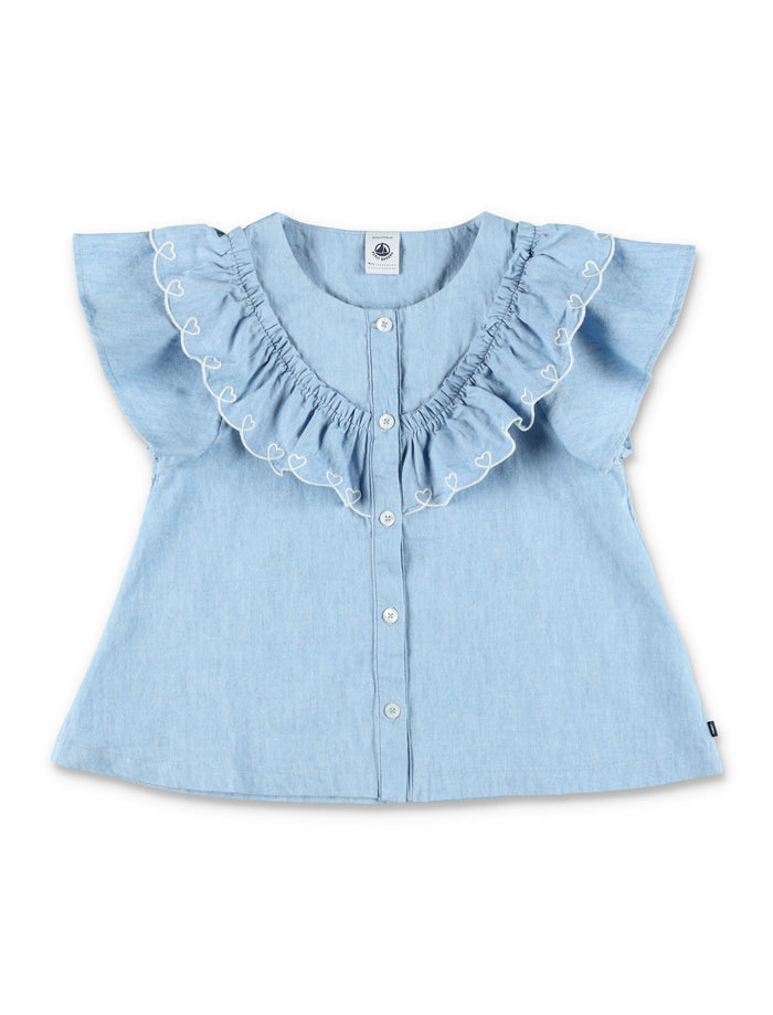 Petit Bateau Girls Short-Sleeved Cotton Blouse Blue Shirt