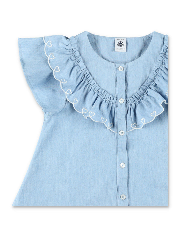 Petit Bateau Girls Short-Sleeved Cotton Blouse Blue Shirt
