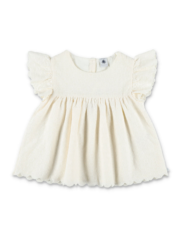 Petit Bateau Girls Short-Sleeved Heart Blouse White Cotton Shirt