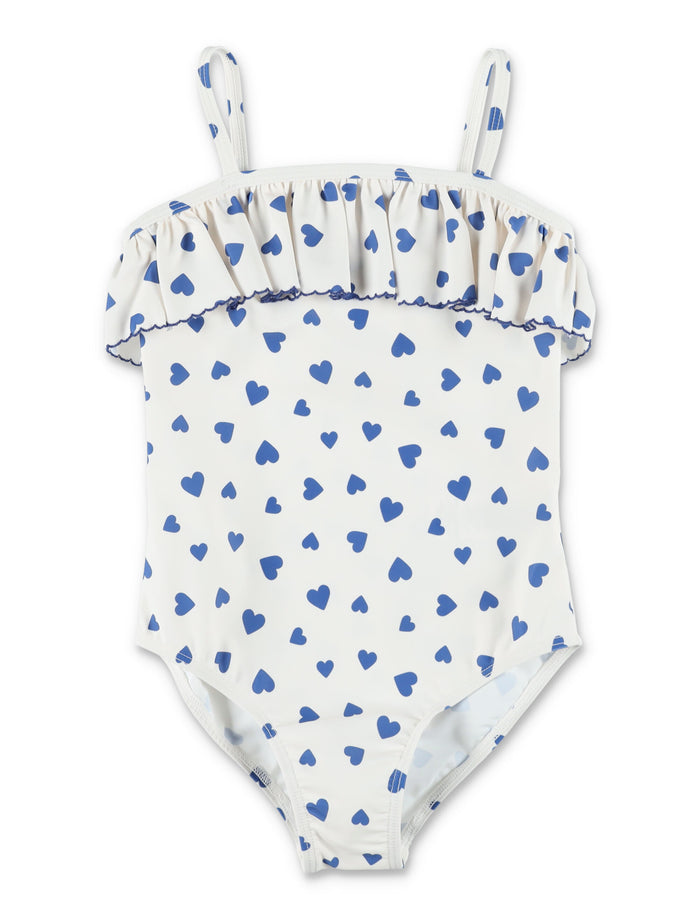 Petit Bateau Girls Heart Print Ruffled Swimsuit White Blue Polyamide Swimwear