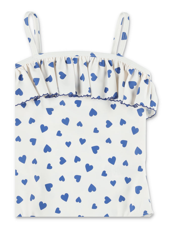 Petit Bateau Girls Heart Print Ruffled Swimsuit White Blue Polyamide Swimwear