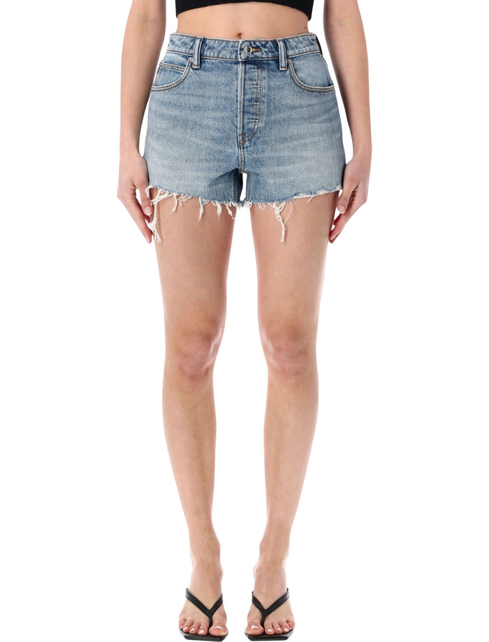 Alexander Wang Frayed Denim Shorts With Logo Light Indigo Cotton
