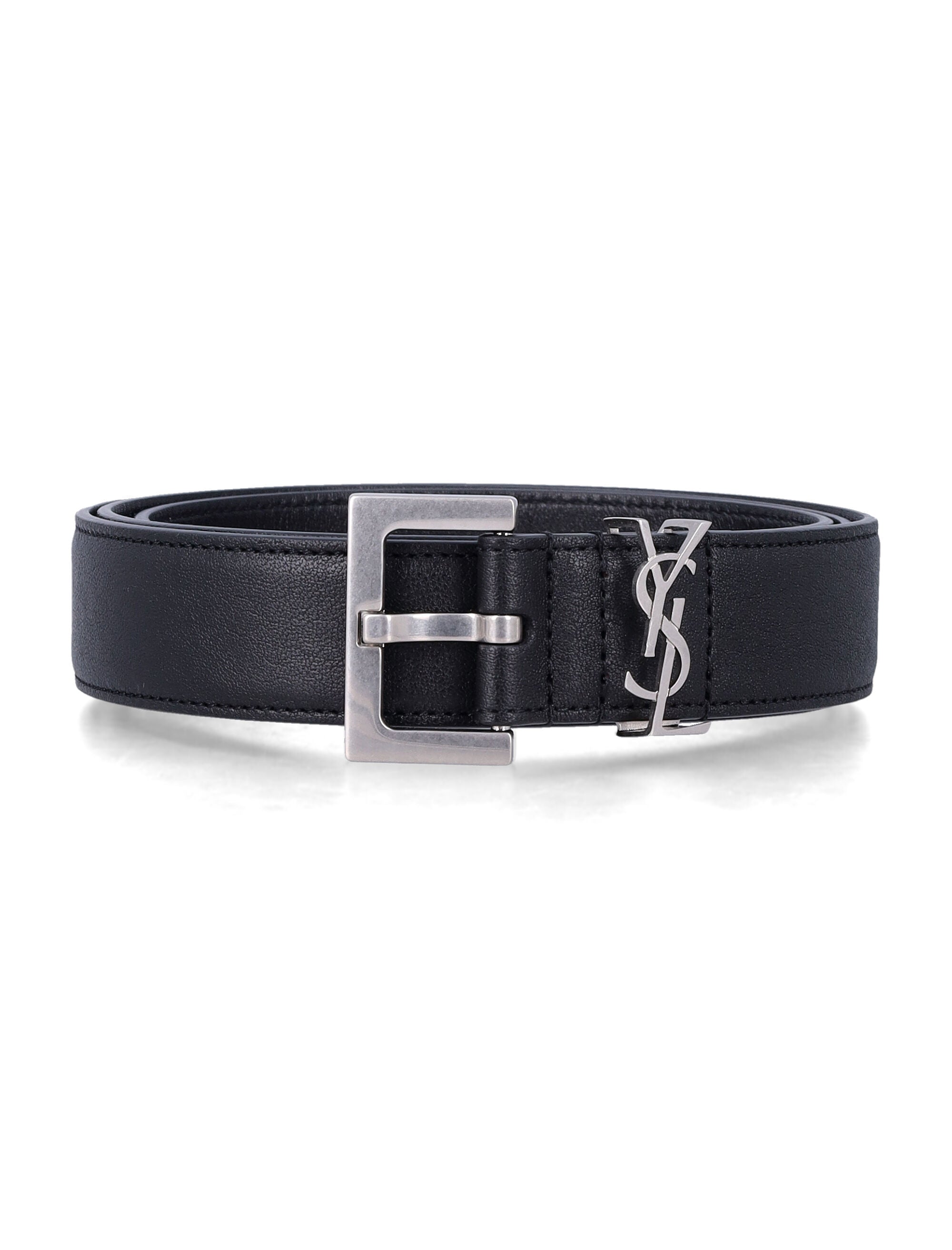 Saint Laurent Cassandre leather belt Black Silver Lamb Skin