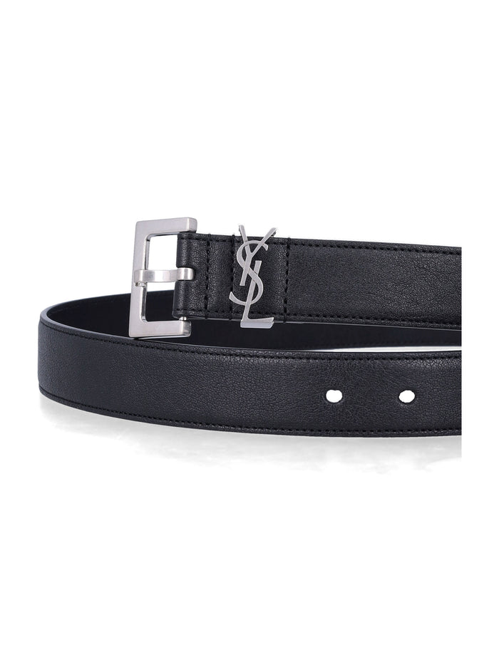 Saint Laurent Cassandre leather belt Black Silver Lamb Skin
