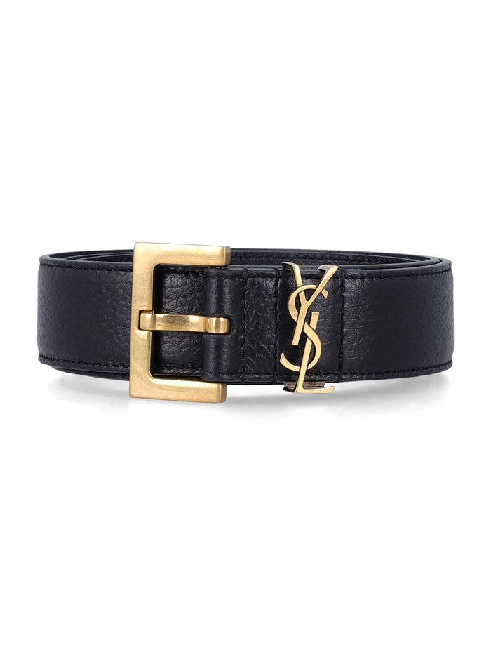 Saint Laurent Cassandre grained leather belt Black Calf Skin