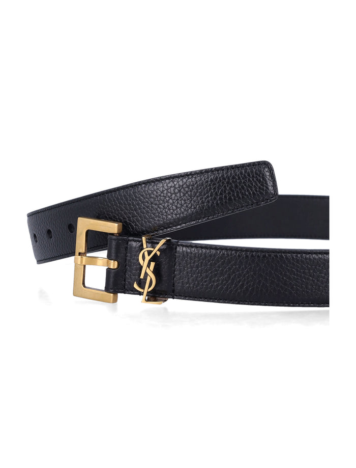 Saint Laurent Cassandre grained leather belt Black Calf Skin