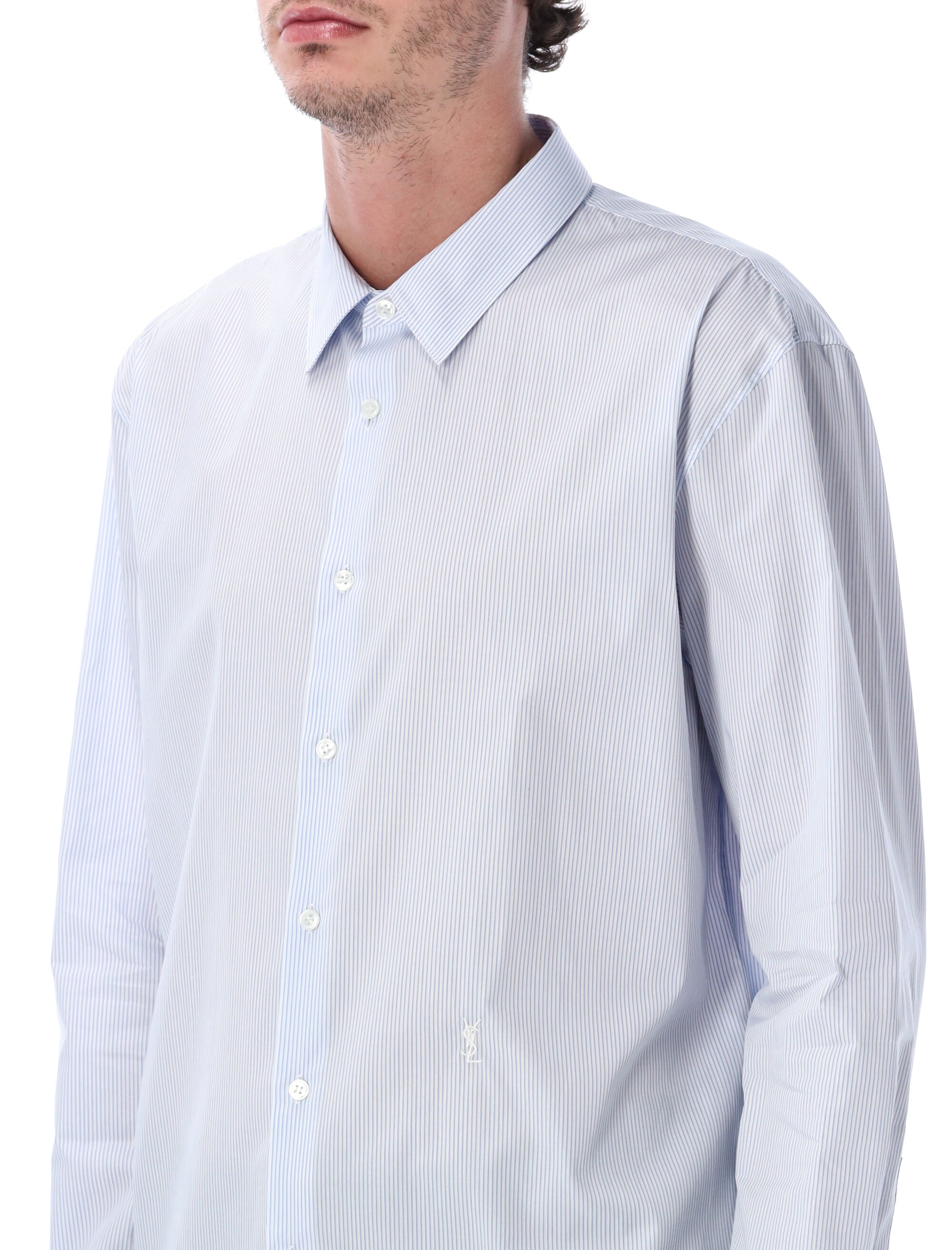 Saint Laurent blue striped cotton poplin Cassandre shirt Bianco Stripe