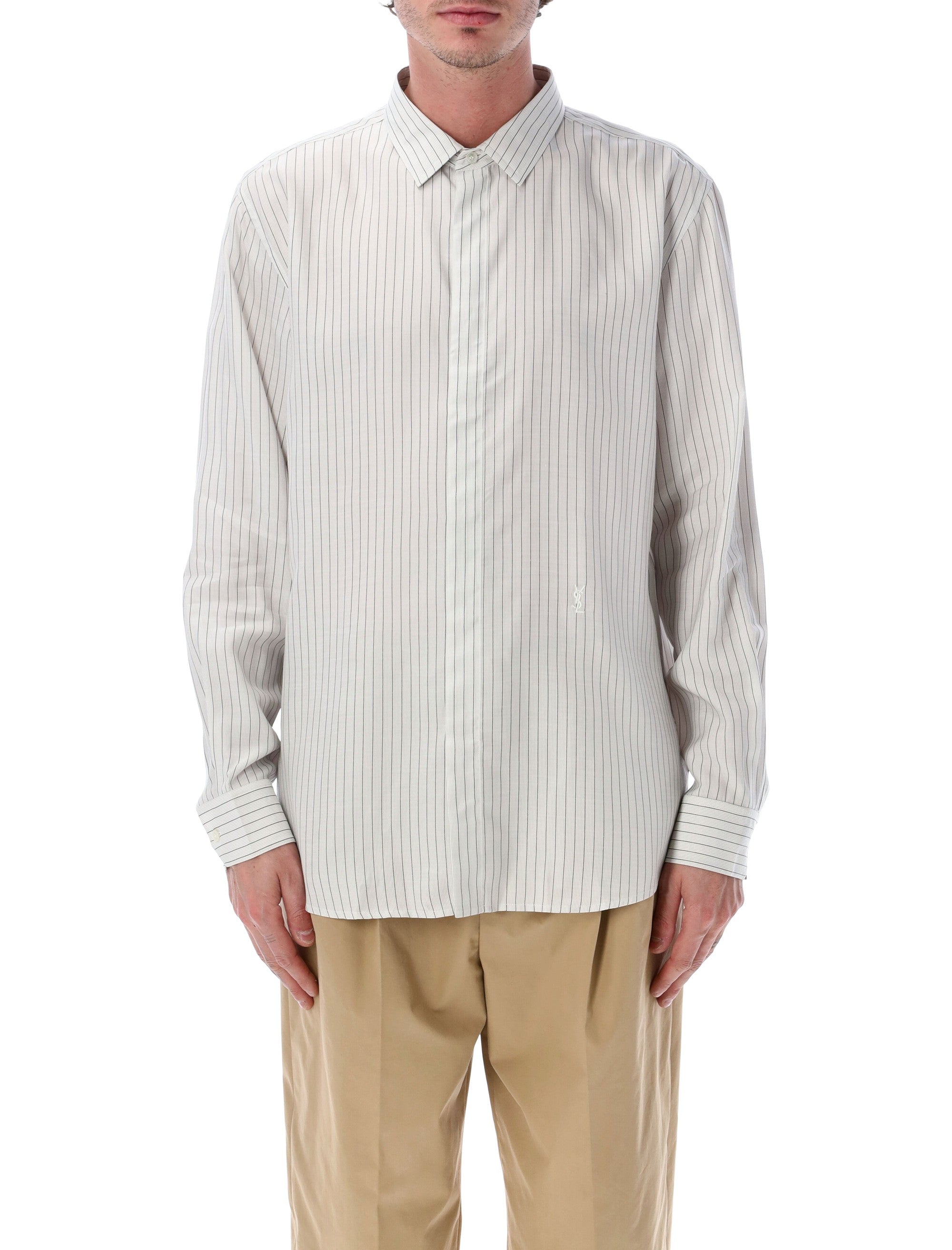 Saint Laurent Cassandre Slim Striped Viscose Shirt White Black Stripe