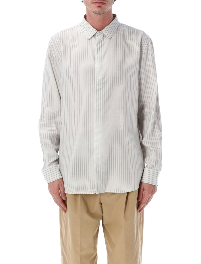 Saint Laurent Cassandre Slim Striped Viscose Shirt White Black Stripe