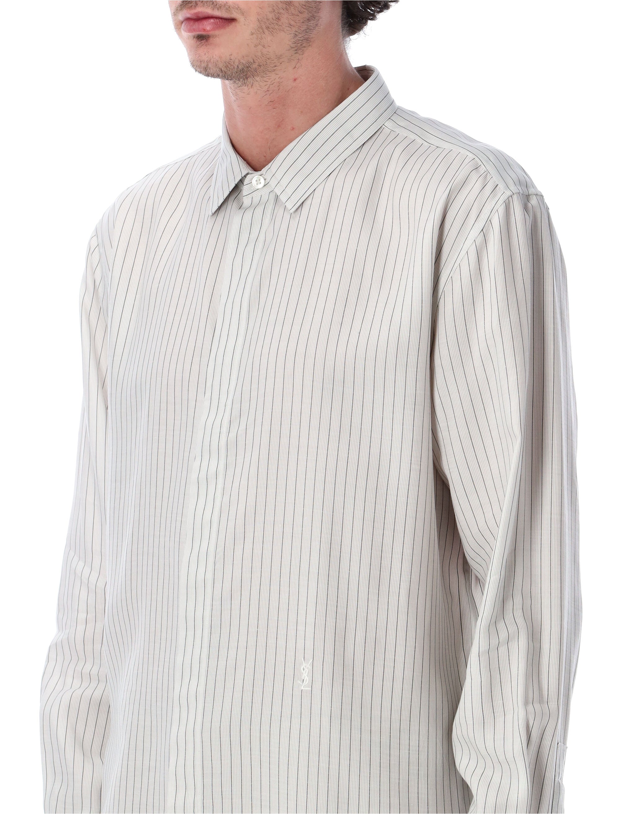 Saint Laurent Cassandre Slim Striped Viscose Shirt White Black Stripe