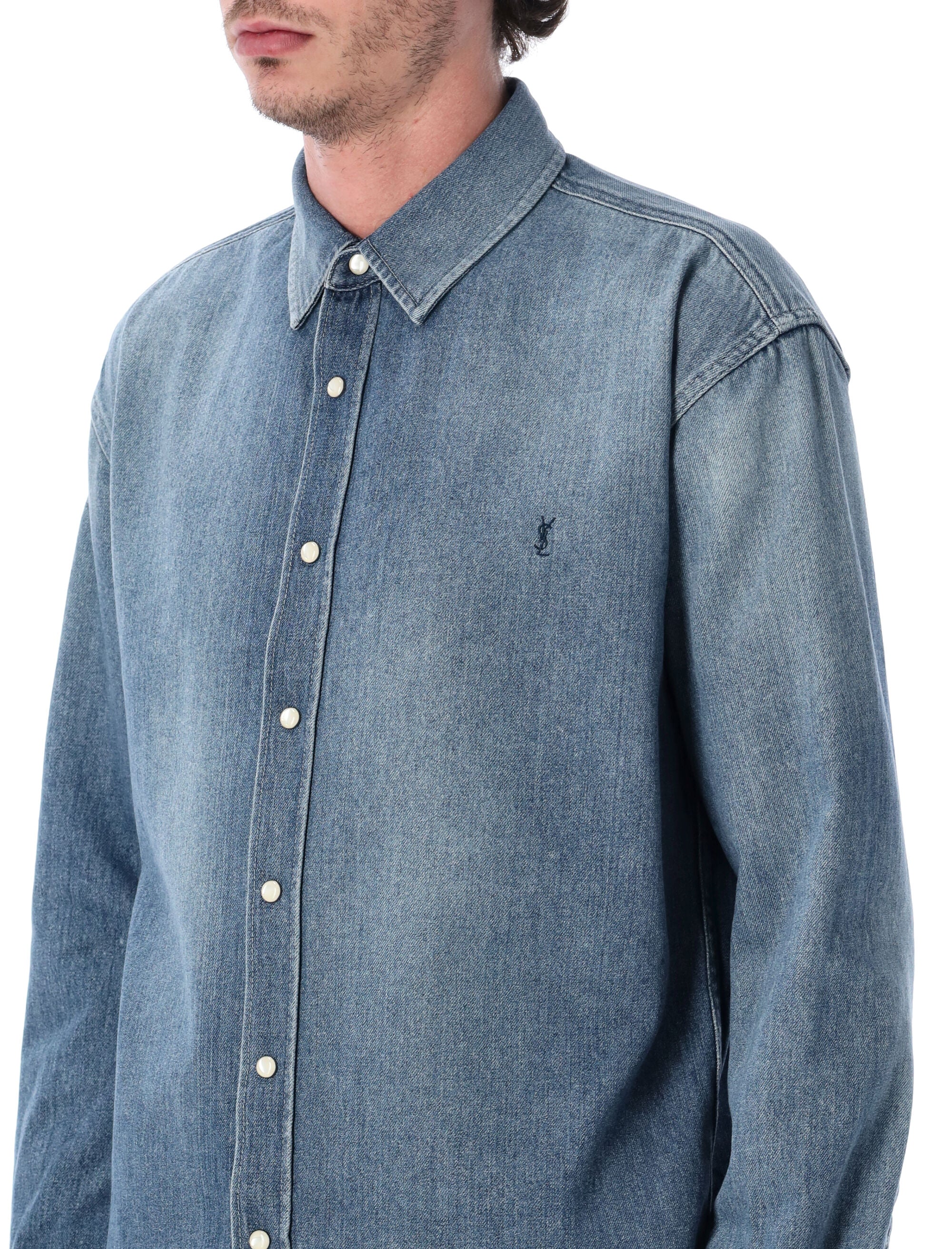 Saint Laurent Cassandre Denim Shirt Horizon Blue Cotton T-shirt