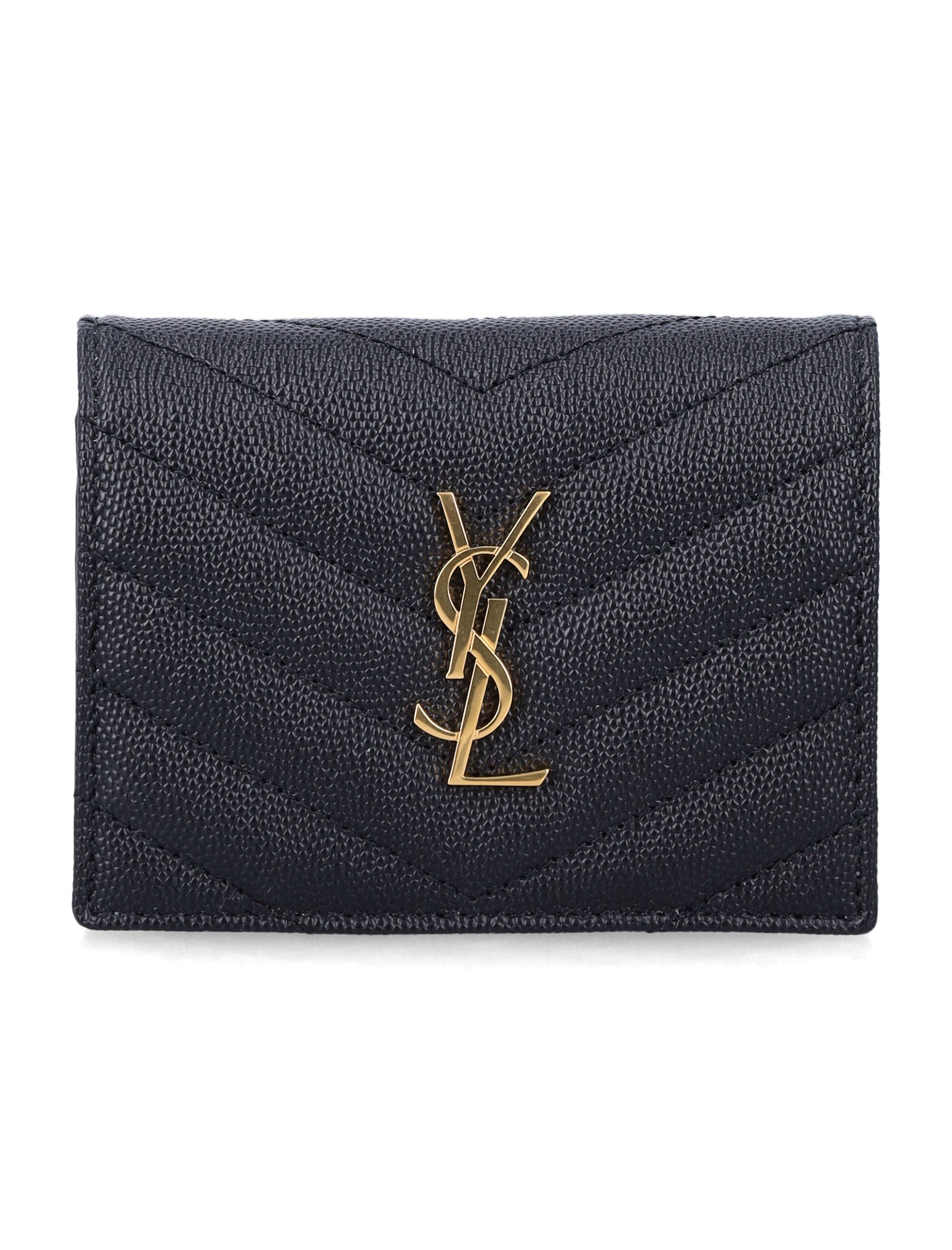 Saint Laurent Cassandre flap card case Black Calf Skin Wallet