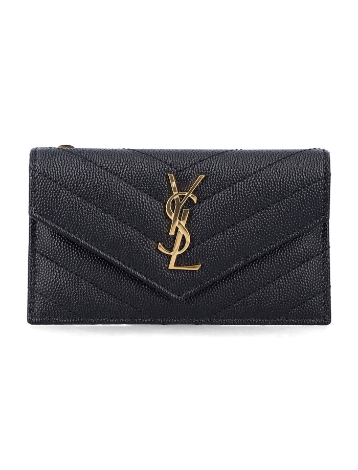 Saint Laurent Cassandre flap card case Black Calf Skin Wallet