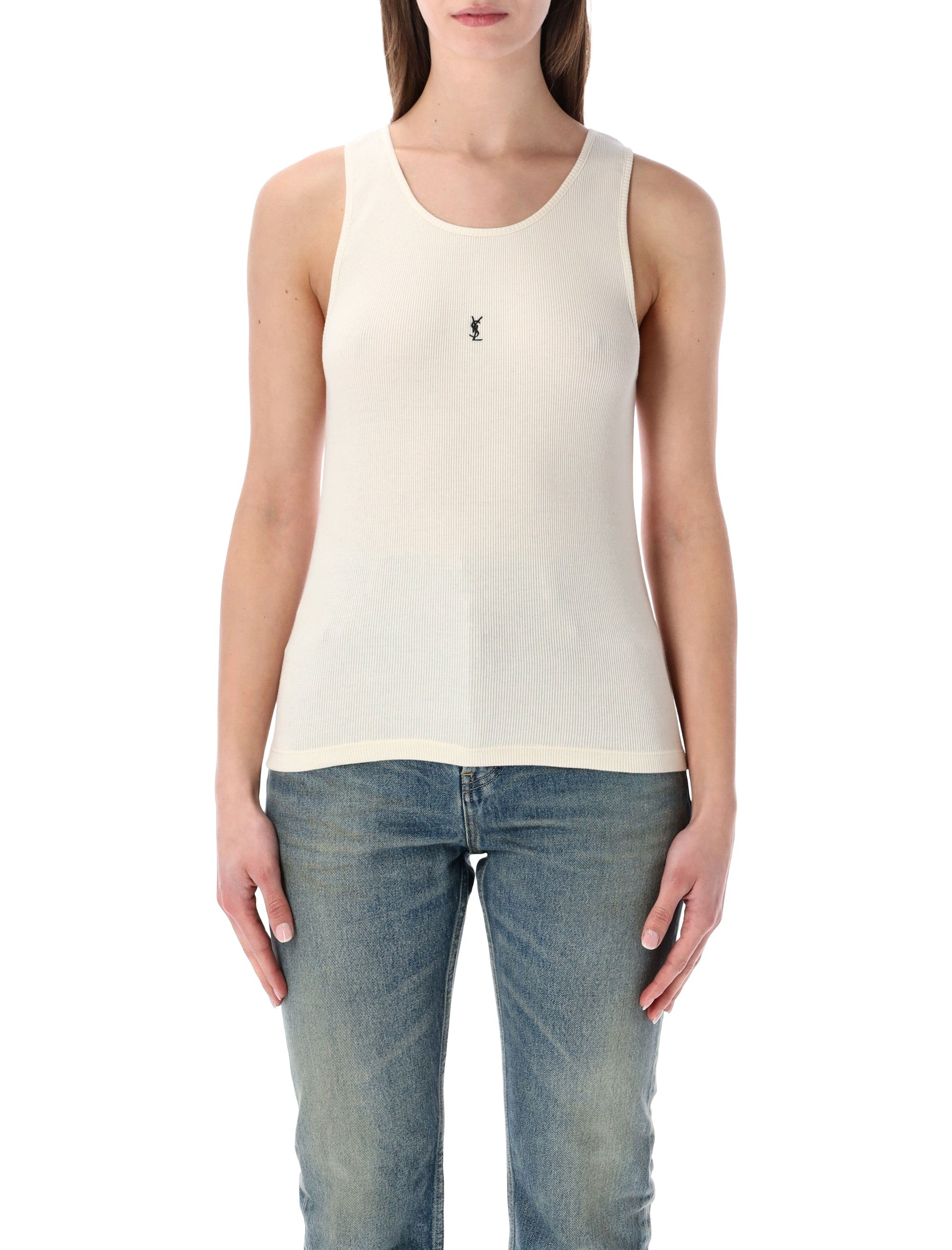 Saint Laurent Cassandre white ribbed cotton tank Natural Top