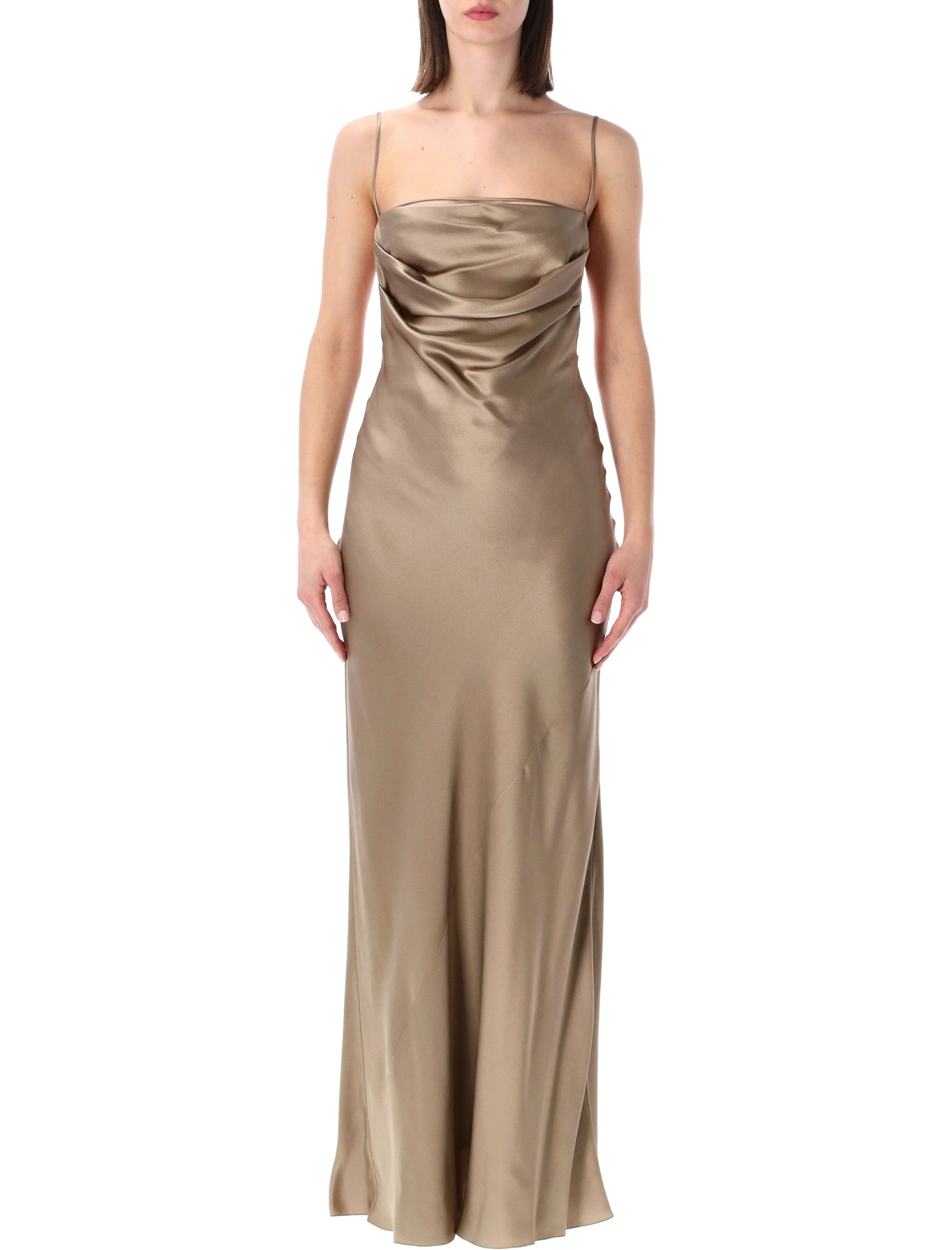Saint Laurent Backless Cowl Silk Satin Dress Sable Beige