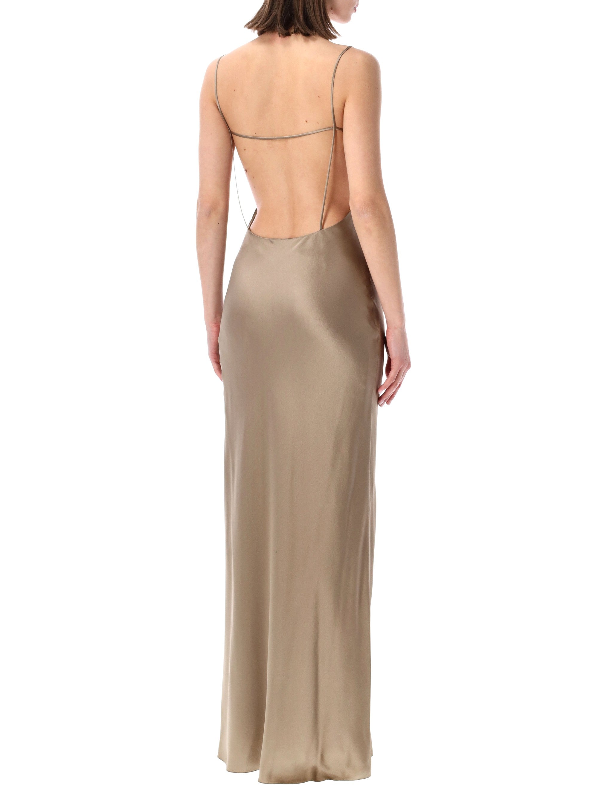 Saint Laurent Backless Cowl Silk Satin Dress Sable Beige
