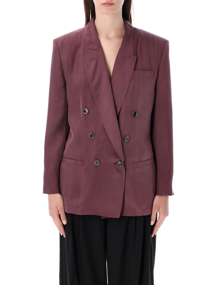 Saint Laurent Double-Breasted Silk Habotai Jacket Aubergine Blazer