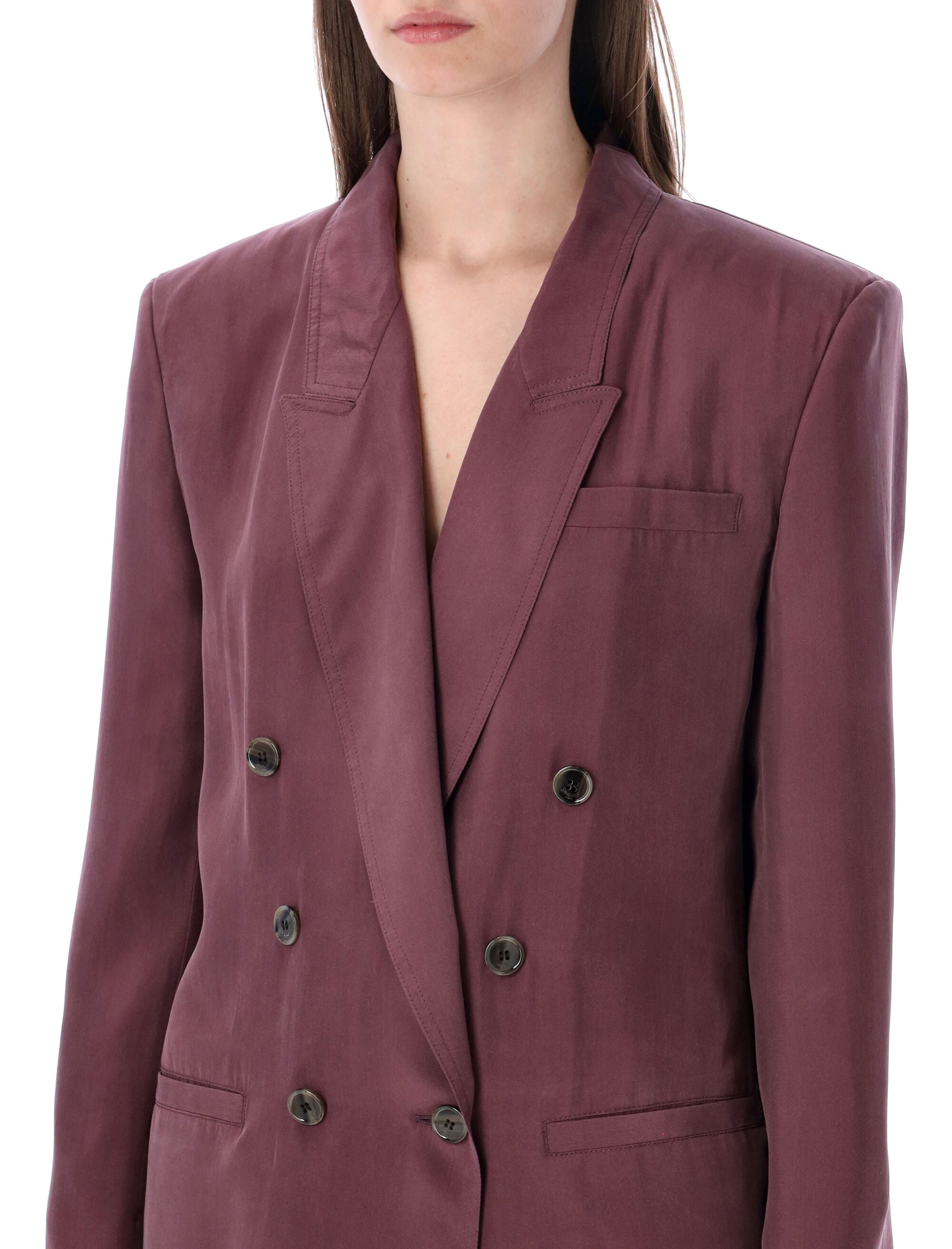 Saint Laurent Double-Breasted Silk Habotai Jacket Aubergine Blazer