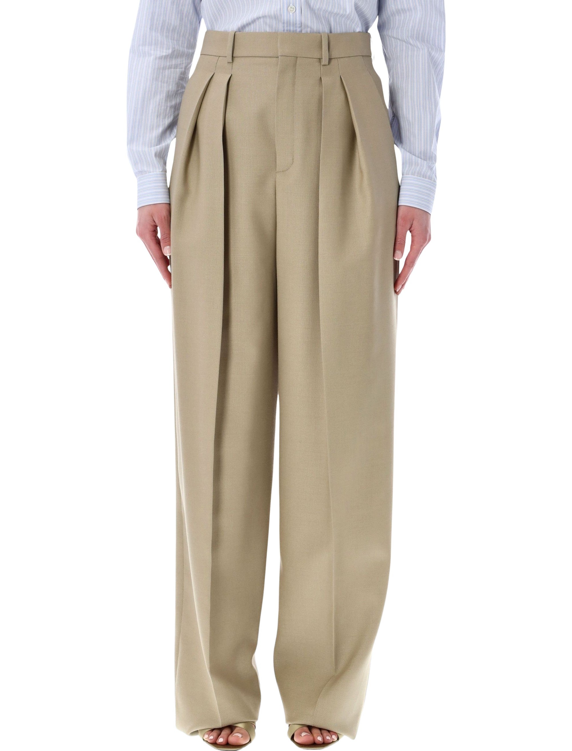 Saint Laurent High-Waisted Wool-Silk Pants Beige