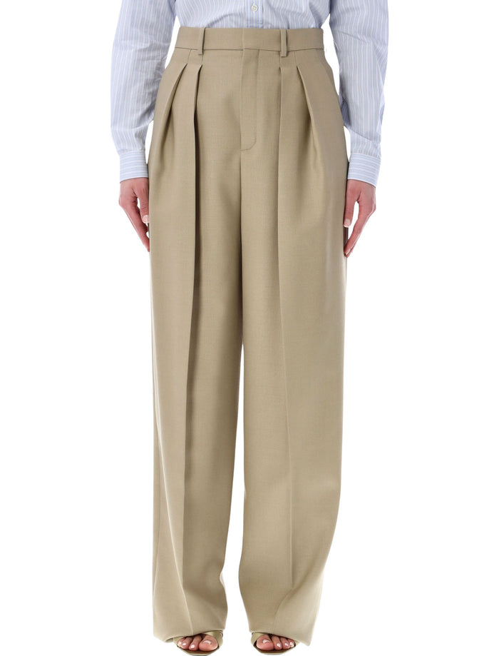 Saint Laurent High-Waisted Wool-Silk Pants Beige