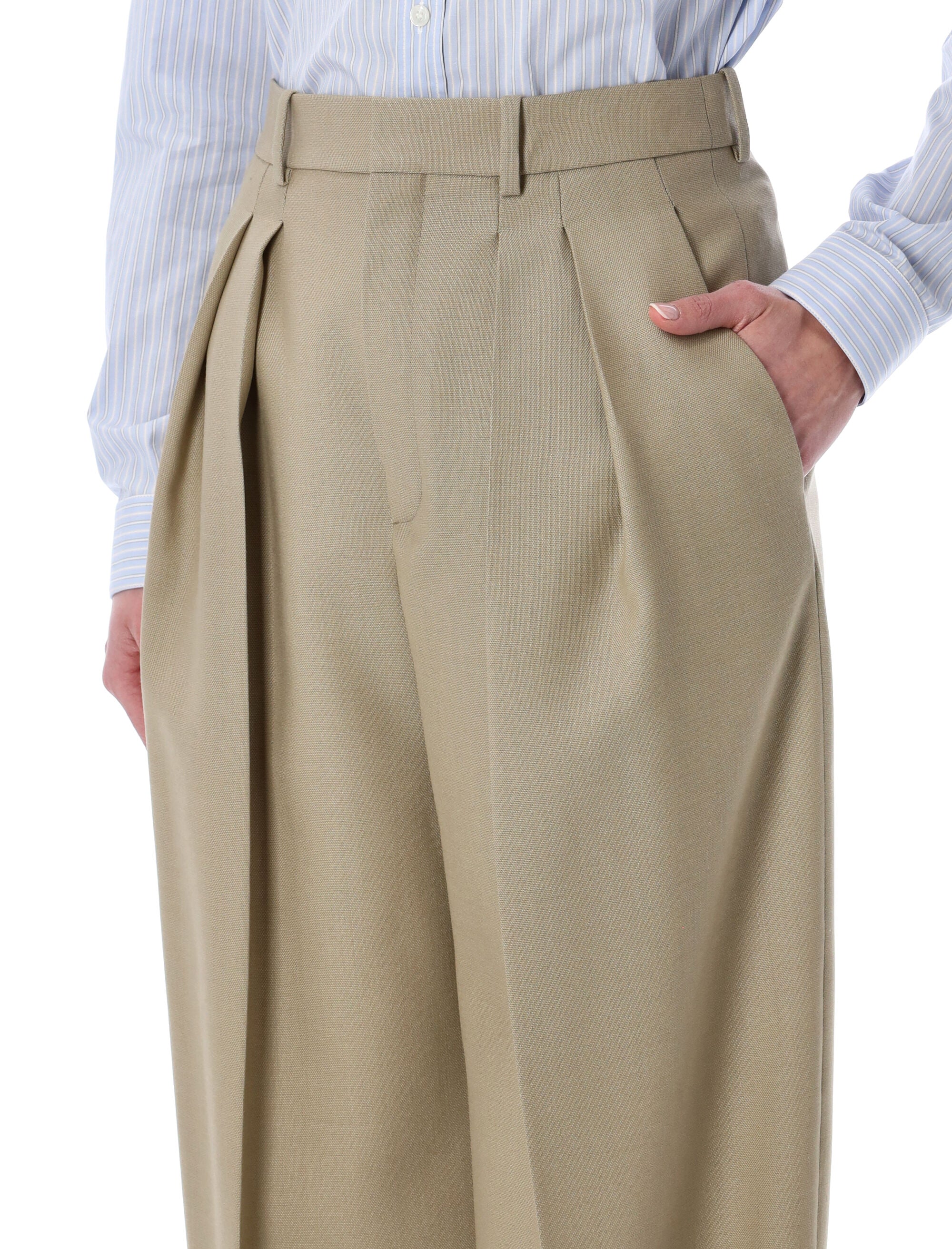 Saint Laurent High-Waisted Wool-Silk Pants Beige