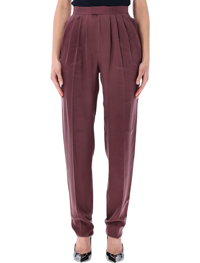 Saint Laurent Mid-Rise Silk Habotai Pants Aubergine