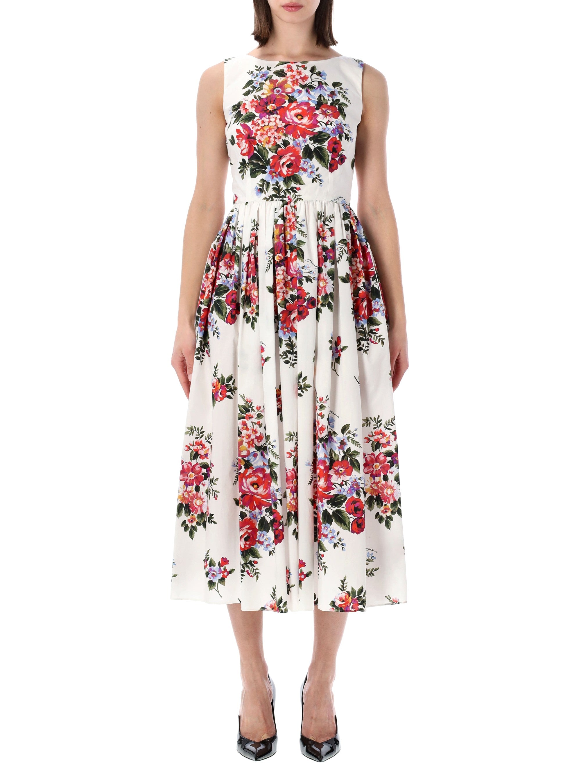 Dolce&gabbana Floral Cotton Sleeveless Dress White Multicolor Print