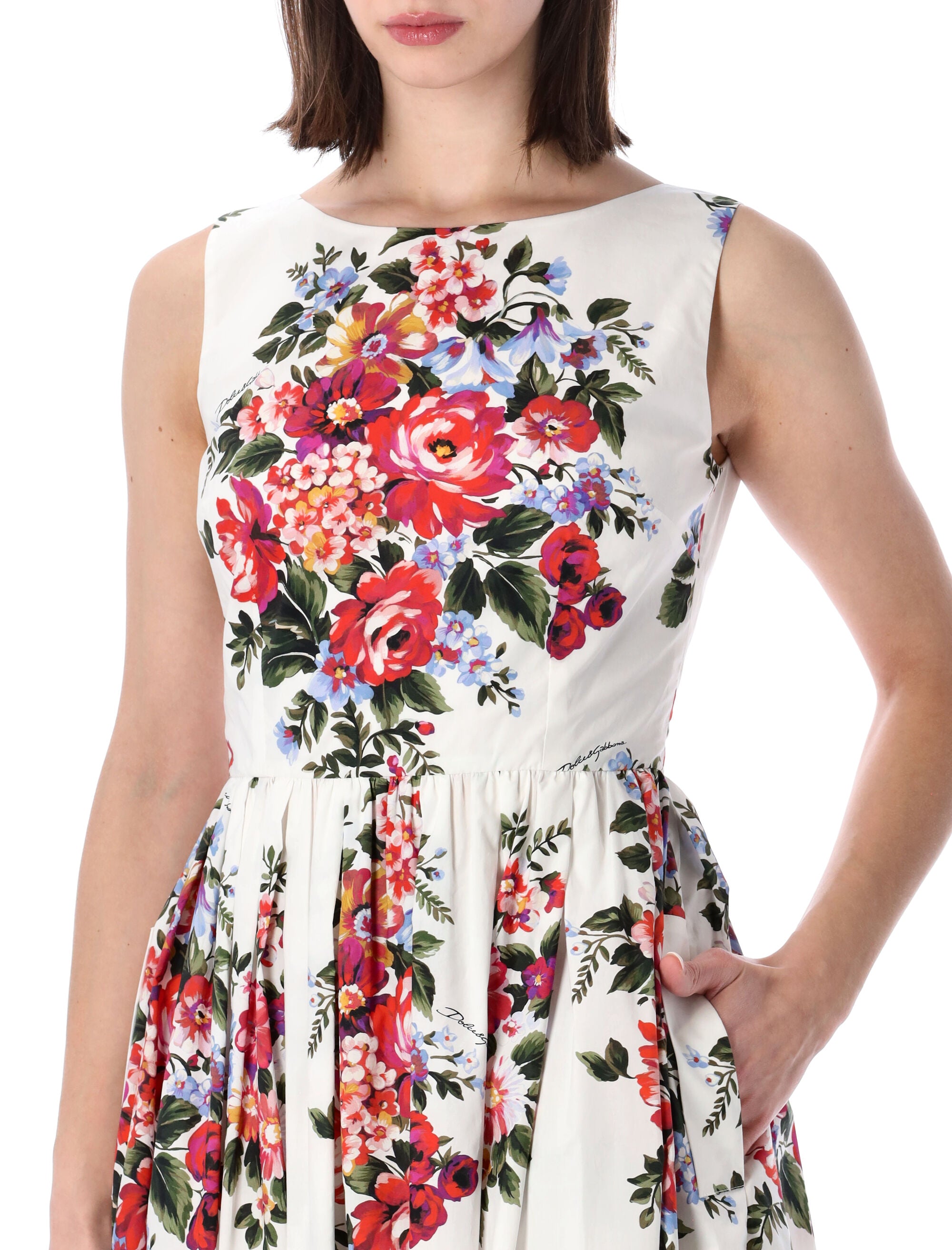 Dolce&gabbana Floral Cotton Sleeveless Dress White Multicolor Print