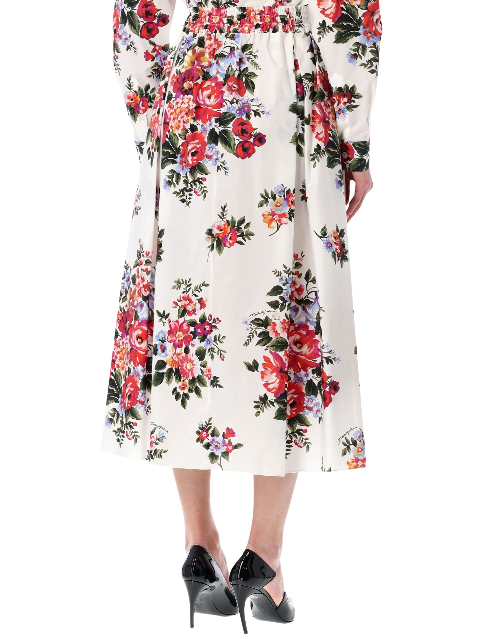 Dolce&gabbana Floral Poplin Midi Skirt White Multicolor Flowers Cotton