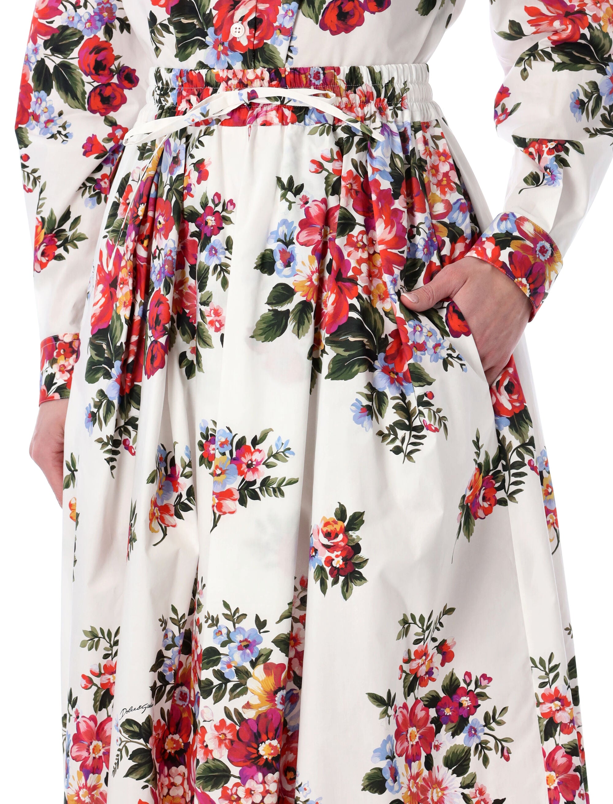 Dolce&gabbana Floral Poplin Midi Skirt White Multicolor Flowers Cotton