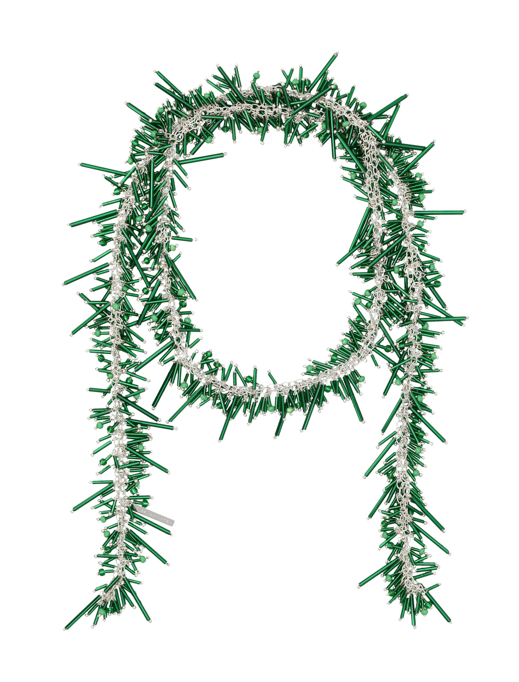 Dries Van Noten embroidered scarf necklace in brass and glass Green