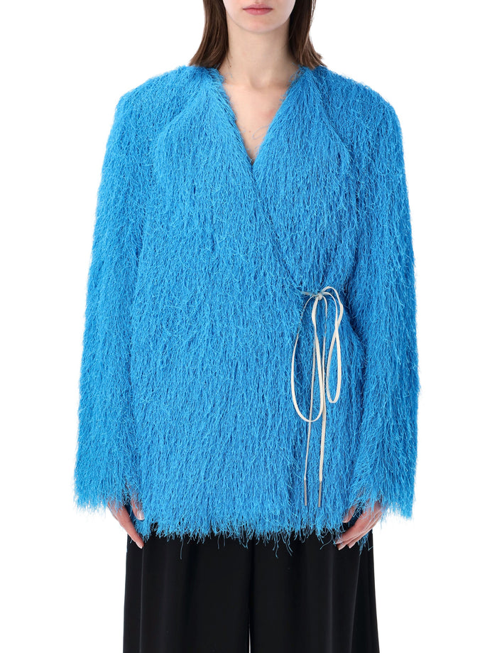 Dries Van Noten collarless fringed jacket Turquoise Polyester
